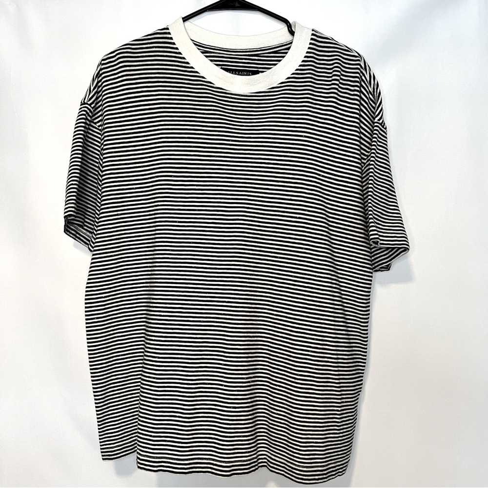 Men’s All Saints Short Sleeve Stripe Crew Tee, Black/White, Size Small. 0150.